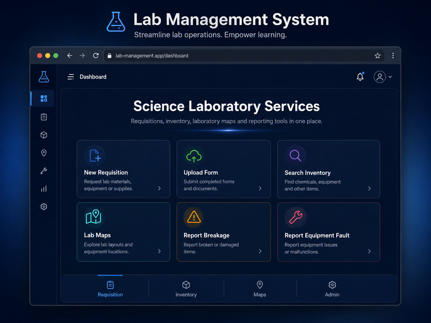 Mockup of the Lab Management System dashboard showing requisition, upload, inventory, maps and reporting shortcuts.