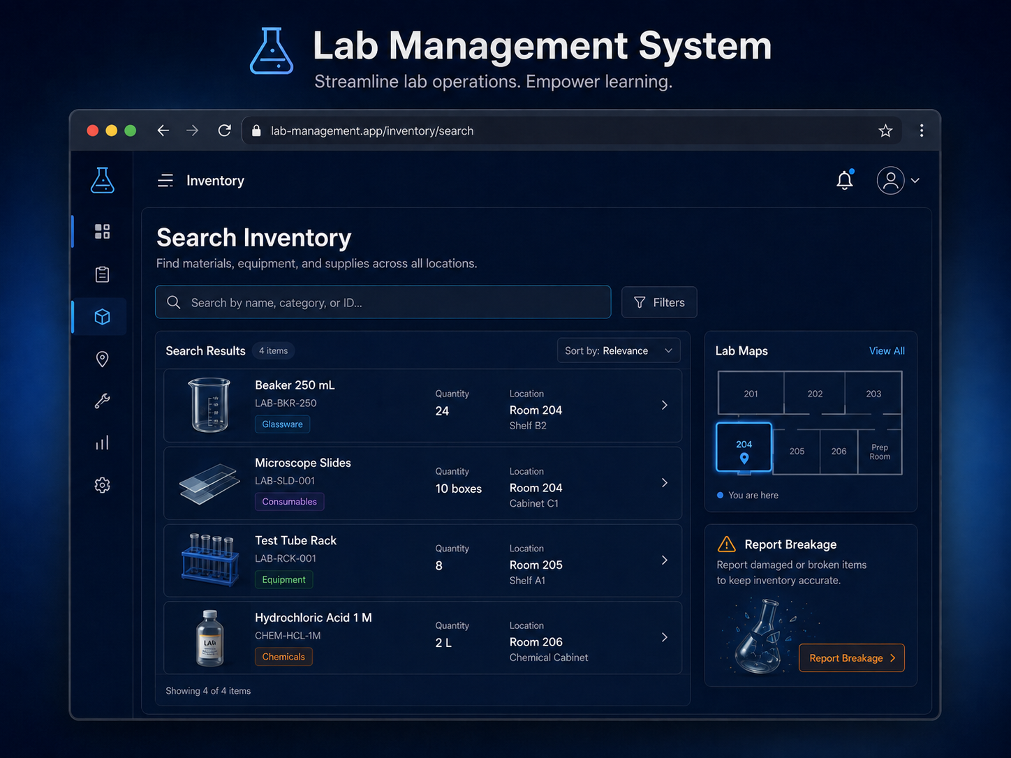 Mockup of the inventory search view with item search results and laboratory maps.