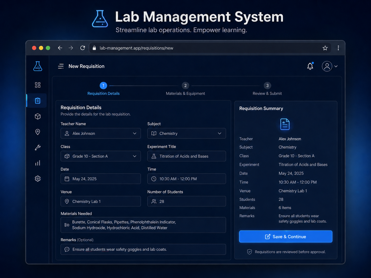 Mockup of the requisition flow for submitting a laboratory request.